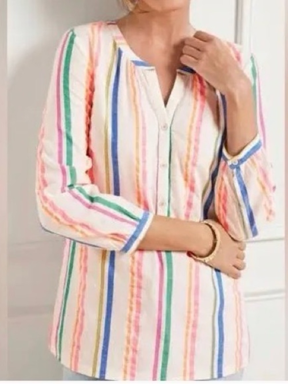 Talbots Popover Multicolor Vertical Stripe Button-Front Tunic 2X PTP 26’ L 28.5’